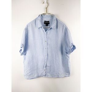 Tahari Shirt Womens Size Large Blue Button Up Linen Sleeveless V Neck